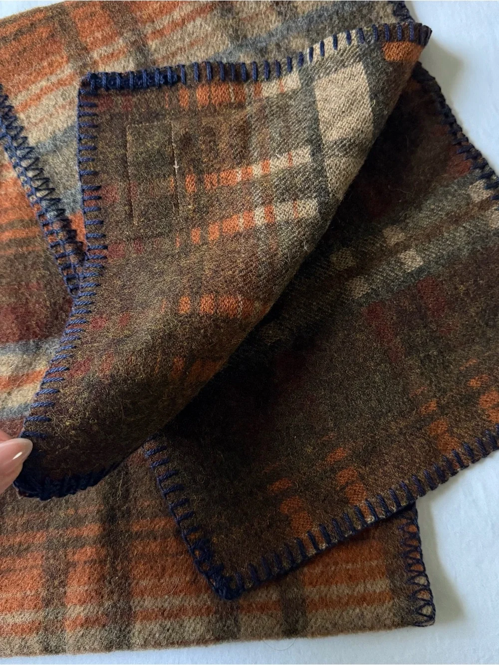 Vintage Bemidji Woolen Mills Wool Scarf Brown Plaid Blanket Stitch USA 60x10